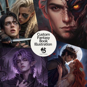 May include: A collage of four fantasy character illustrations featuring a person with a knife, a person with a cracked face, a purple-haired elf, and a royal couple. The center circle displays the text Custom Fantasy Book Illustration.