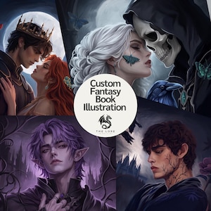 May include: Digital fantasy art featuring four illustrations. The images depict couples and individuals with fantastical elements, including crowns, butterflies, and a skeletal figure. The text "Custom Fantasy Book Illustration" is displayed.