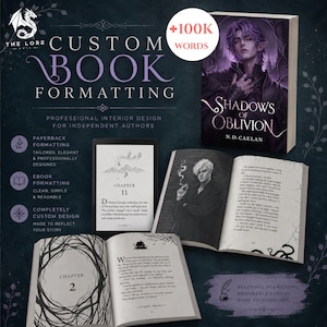May include: An advertisement for custom book formatting services. The image shows a book cover titled "Shadows of Oblivion" and open books displaying interior design. Text includes "Custom Book Formatting" and "Professional Interior Design for Independent Authors."