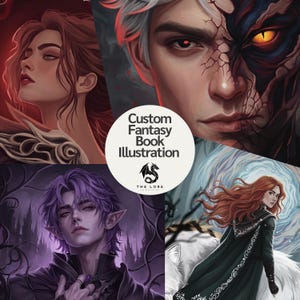 May include: A digital illustration featuring four fantasy portraits. The artwork includes a woman with red hair, a man with white hair and a demonic side, a purple-haired elf, and a woman with long red hair and a white wolf. The text "Custom Fantasy Book Illustration" is also present.