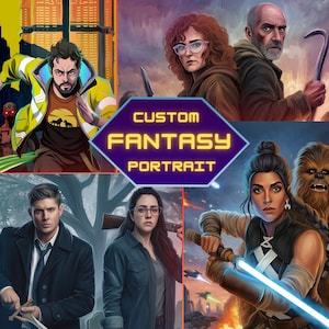 Puede incluir: Un collage digital que presenta cuatro ilustraciones de personajes distintas y un hexágono morado central con el texto amarillo CUSTOM FANTASY PORTRAIT. La obra muestra varias figuras en poses de acción, incluida una persona con un sable de luz.