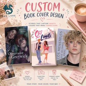 May include: Custom book cover design featuring three book covers with illustrations of young adults. The covers include the titles "El Observador de Greywick", "Off Limits", and "Los Monstruos Que Dejamos Atrás". The image also includes text that reads "Stories that capture hearts, covers that make connections."