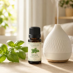 May include: A 10 ml amber glass bottle of Vedavibe Naturals basil essential oil with a black cap, positioned next to a white ceramic ultrasonic diffuser emitting a thin stream of mist, accompanied by fresh green basil leaves.