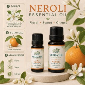 May include: Two amber glass bottles of Vedavibe Naturals Neroli Essential Oil, one 10 ml and one 30 ml, with black caps and white labels. The text reads Neroli Essential Oil, Citrus aurantium, and lists the aroma as floral, sweet, and citrusy.