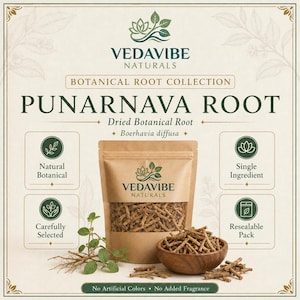 May include: A resealable kraft paper pouch and a wooden bowl filled with dried Punarnava root, labeled Vedavibe Naturals Botanical Root Collection. The packaging features text including Natural Botanical, Single Ingredient, and No Artificial Colors.