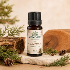 Puede incluir: Un frasco pequeño de vidrio ámbar de aceite esencial de cedro Vedavibe Naturals con tapa negra. La etiqueta blanca muestra texto verde, un icono de hoja y una ilustración de piña, indicando claramente un volumen de 10 ml.