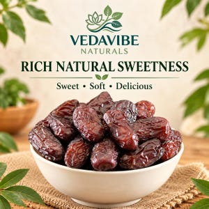 May include: A white bowl filled with dark brown, wrinkled dates. Above the bowl, the text reads VEDAVIBE NATURALS, RICH NATURAL SWEETNESS, and Sweet • Soft • Delicious. The dates have a glossy, textured skin and are piled high in the bowl.