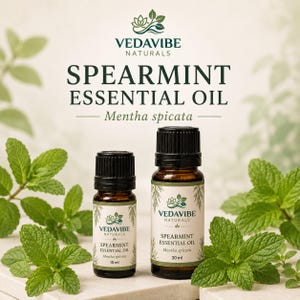 Può includere: Due flaconi in vetro ambrato di olio essenziale di menta verde Vedavibe Naturals, Mentha spicata, con tappi neri. Un flacone è etichettato 10 ml e l'altro 30 ml. Le etichette presentano un logo e testo verde. Foglie di menta verde circondano i flaconi.