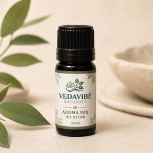 Puede incluir: Un frasco pequeño de vidrio ámbar oscuro con tapa negra estriada, que presenta una etiqueta blanca con texto verde e ilustraciones de hojas. La etiqueta dice VEDAVIBE NATURALS AROMA MIX OIL BLEND 10 ml, con un gráfico de flor de loto.