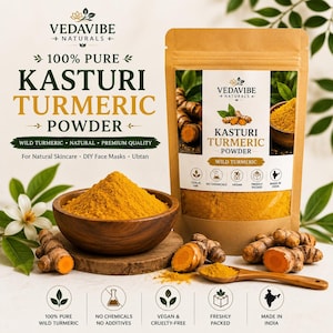 May include: A brown pouch of Vedavibe Naturals 100% Pure Kasturi Turmeric Powder next to a wooden bowl filled with yellow turmeric powder, a wooden spoon, and raw turmeric roots. The packaging features text including 100% Pure Kasturi Turmeric Powder.