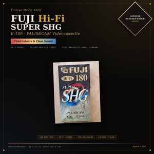 May include: A sealed Fuji Hi-Fi Super SHG E-180 videocassette tape. The black packaging features the Fuji logo, the number 180, and the text Super SHG in large white letters with a blue and red circular graphic. It is labelled as PAL/SECAM.