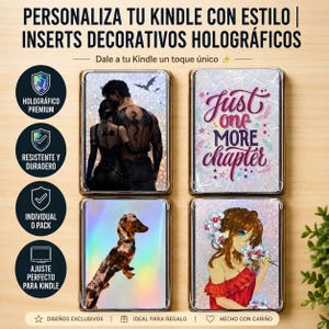 Könnte beinhalten: Vier rechteckige Kindle-Einleger mit holografischen Oberflächen. Die Designs zeigen ein Paar mit Drachentattoos, den Text Just one more chapter, einen gefleckten Dackel und eine Anime-Figur mit Blumen. Jeder Einleger hat ein eigenes Motiv.