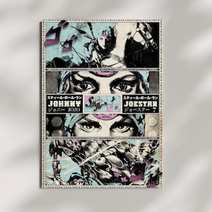Puede incluir: Un póster vertical con ilustraciones estilo manga de Johnny Joestar de Steel Ball Run. El diseño incluye paneles con primeros planos de personajes, un caballo y texto que dice Steel Ball Run, Johnny Joestar y JoJo en negro y morado.
