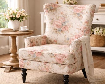 Jabrix heritage blossom print wingback accent chair teak wood