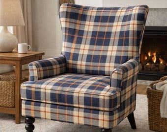 Jabrix classic navy check upholstered wingback accent chair
