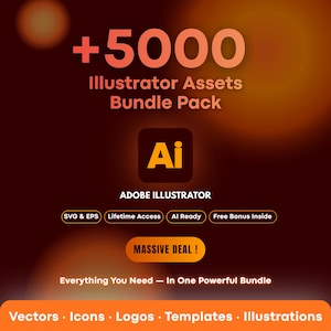 以下が含まれることがあります： オレンジと白で「+5000 Illustrator Assets Bundle Pack」と書かれたデジタルグラフィック。Adobe Illustratorのロゴがテキストの下に配置されています。追加テキストには「SVG & EPS」、「Lifetime Access」、「Massive Deal！」が含まれています。