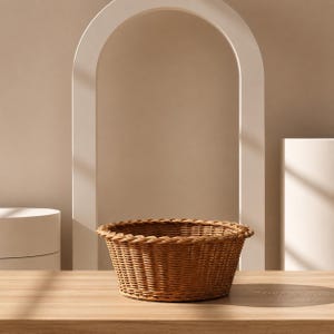 Peut inclure: Un panier rond et peu profond tressé en fibres naturelles brun clair. Le panier présente un bord tressé robuste avec un motif de tissage serré et régulier sur les côtés et la base, formant un récipient de rangement simple et fonctionnel.
