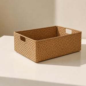 May include: A rectangular woven storage basket in a natural tan colour. The basket has a textured surface and built-in handles on each short side. The basket is empty and sits on a white surface.