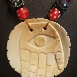 Hand Carved Shell Gorget with Bobcat Jaw Bones and 18th Century style Skunk Trade Beads