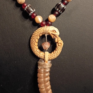 Hand Carved Buffalo Bone Rattlesnake Pendant, Red Phantom Quartz, Trade Beads