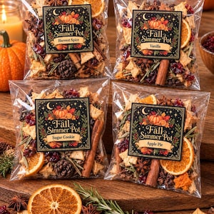 May include: Four clear plastic bags containing dried potpourri ingredients for a simmer pot, including orange slices, cinnamon sticks, star anise, pinecones, and cranberries. Each bag features a black label with the text Fall Simmer Pot.