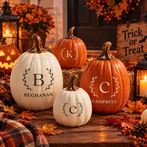 May include: A collection of decorative pumpkins in orange and white, featuring personalized monograms and family names including Buchanan and Campbell. The pumpkins are arranged on a wooden surface with autumn leaves, lanterns, and a Trick or Treat sign.