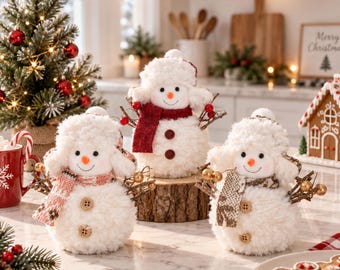Plush Snowman Figurine, Christmas Tabletop Decor, Cozy Winter Home Accent, Holiday Gift Idea