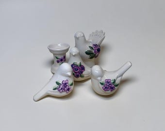 Vintage set Rosa Ljung Ceramic Birds – 3 birds, 1 vase, 1 candle holder (Sweden, 1970s)