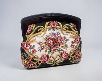 Vintage handtas met wandtapijt uit de jaren 60 – bloemdessin, gemaakt in Hong Kong