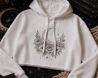 Sudadera cómoda con capucha y diseño de luna celestial y flores, estilo corto.