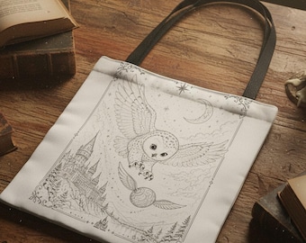 Bolso de mano con diseño de búho e ilustración dibujada a mano del cielo nocturno y la luna.