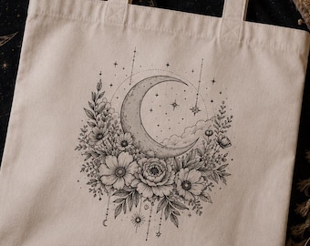 Bolso de mano Celestial con diseño de luna y flores, bolso de algodón ecológico para amantes de los libros.