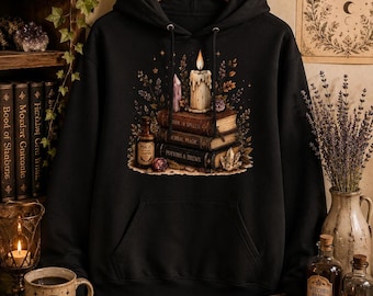 Sudadera con capucha de bruja con luz de vela, cómoda mezcla de algodón para amantes de los libros.
