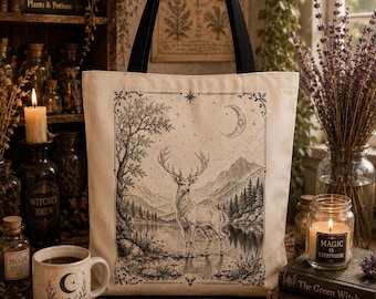 Bolso de mano, 100% poliéster. Ilustración de ciervo. Escena de bosque a la luz de la luna.