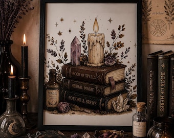 Póster de pared con temática de brujas y luz de velas, lámina artística con encanto y aires literarios.
