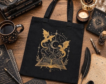 Bolso tote Dragon, 100% algodón con asas largas y capacidad de 10 litros.