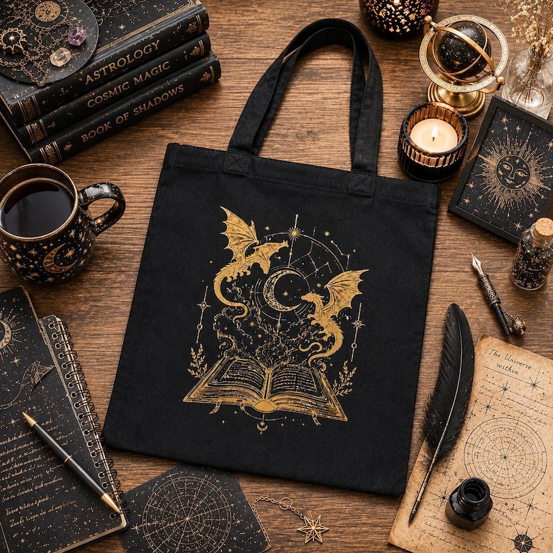 A black canvas tote bag lies flat on a dark wooden table, featuring a gold print of an open book, dragons, and a moon surrounded by celestial elements, with books and a mug nearby.