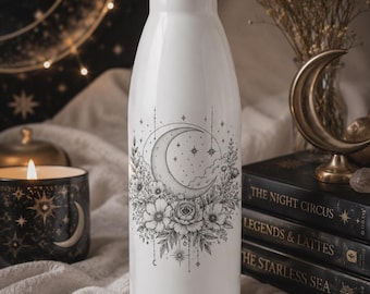 Botella Celestial, de acero inoxidable blanco, con aislamiento térmico y diseño floral de luna.