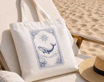 Bolso de mano blanco ecológico con diseño marino, 100 % algodón resistente con gran área de impresión.