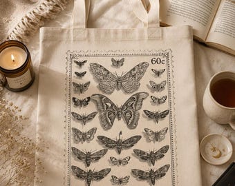 Bolso tote Celestial con diseño de estampado de polilla, 100% algodón orgánico para uso diario.