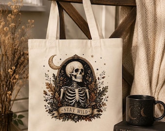 Bolso de mano de Halloween con diseño de esqueleto, bolso de lona ecológico