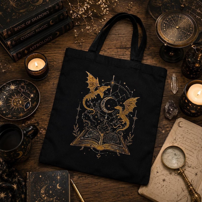 A black tote bag with a gold dragon and book illustration rests on a wooden surface surrounded by lit candles, a magnifying glass, and celestial notebooks.