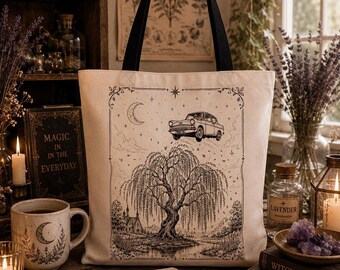 Bolso tote gótico, 100% poliéster, ilustración celestial con esquinas reforzadas.