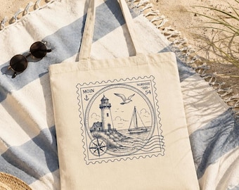 Bolso de mano ecológico con diseño marino, bolso de algodón de diseño personalizado con asas largas.