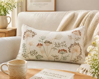 Neutral Wildflower Embroidered Lumbar Pillow Cover, Chenille Floral Cushion, Beige Botanical Throw Pillow, Boho Home Decor