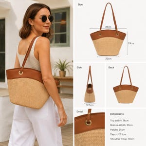 May include: A tan straw tote bag with brown leather trim, gold-tone metal grommets, and two shoulder straps. The bag measures 36 inches at the top width, 20 inches at the bottom width, 25 inches in height, 12.5 inches in depth, and 60 inches in strap length.