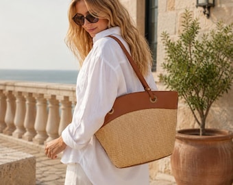 Boho Woven Tote Purse, Summer Leather Accent Handbag, Casual Vacation Bucket Bag, Lightweight Everyday Bag