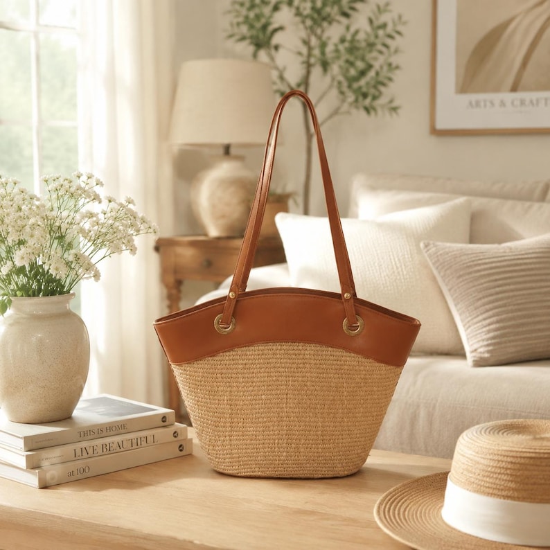 May include: A structured tote bag featuring a woven straw base and a smooth tan leather upper section. The bag includes two long, thin leather shoulder straps attached with gold-toned metal hardware rings, creating a curved top silhouette.