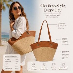 May include: A tote bag featuring a woven straw body and brown leather trim with gold-tone hardware. The bag has two shoulder straps and dimensions of 36 cm top width, 20 cm bottom width, 25 cm height, 12.5 cm depth, and 60 cm strap length.
