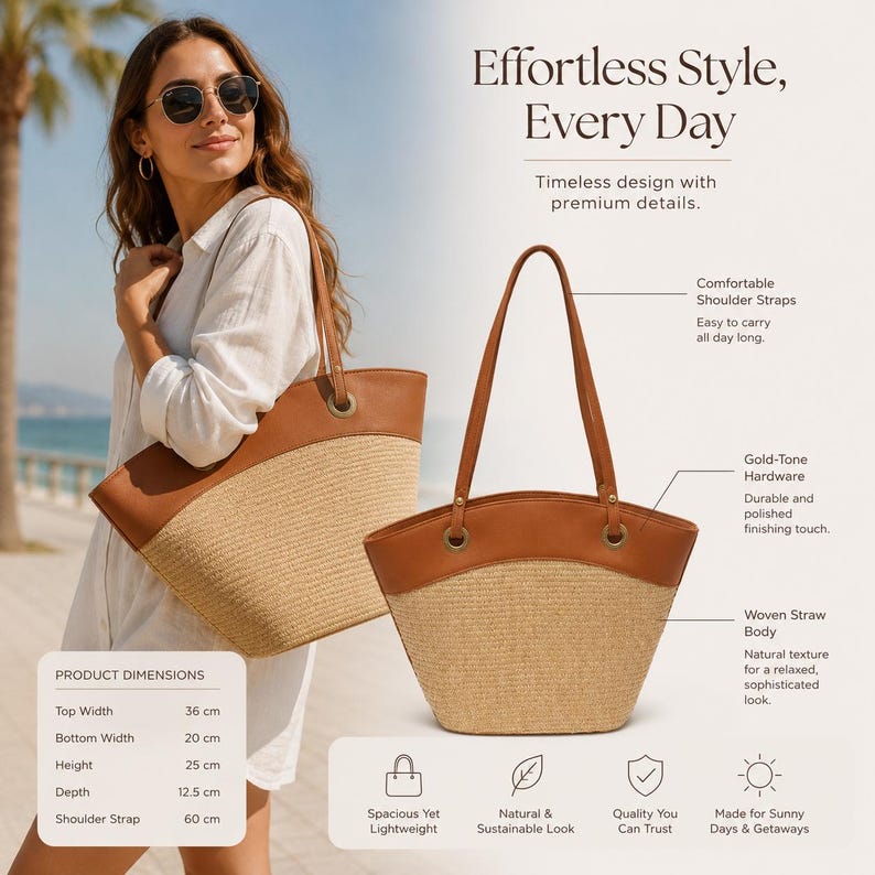 May include: A tote bag featuring a woven straw body and brown leather trim with gold-tone hardware. The bag has two shoulder straps and dimensions of 36 cm top width, 20 cm bottom width, 25 cm height, 12.5 cm depth, and 60 cm strap length.